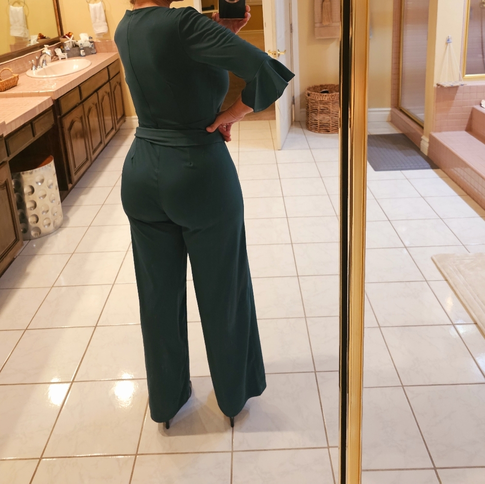 Womens Medium half sleeve Belted green one piece pants jumpsuit - Picture 5 of 9